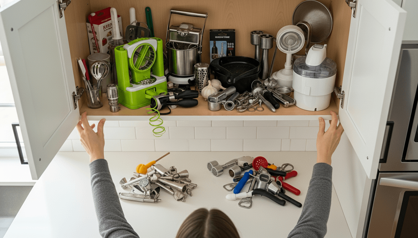 Person organizing kitchen cabinet filled with various metal kitchen tools and gadgets
