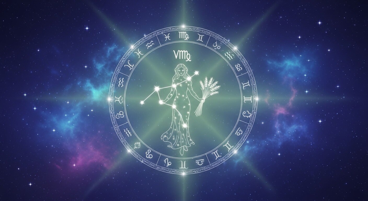 Virgo zodiac sign constellation with a woman holding wheat, surrounded by all zodiac symbols in a starry night sky.