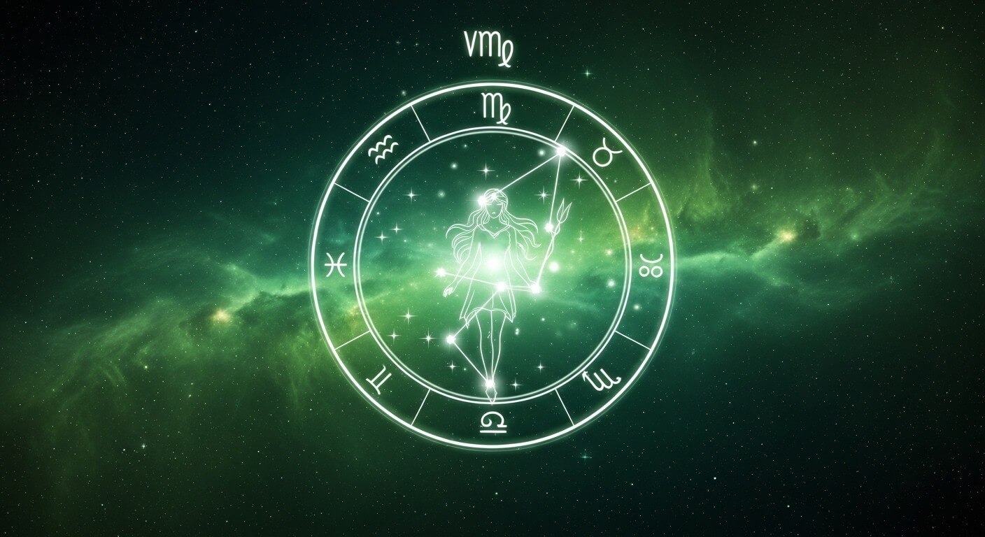 Glowing Virgo zodiac constellation and symbol in a green starry cosmic background