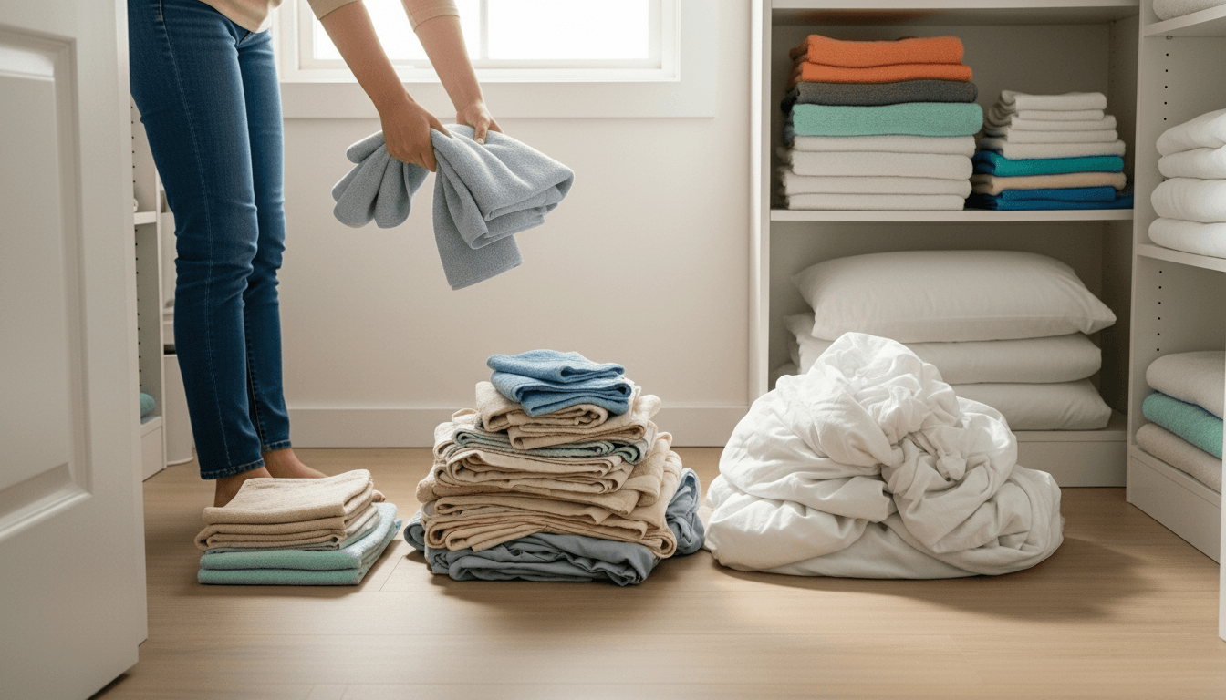 Person folding and organizing colorful towels and linens in a closet with shelves of folded towels and pillows