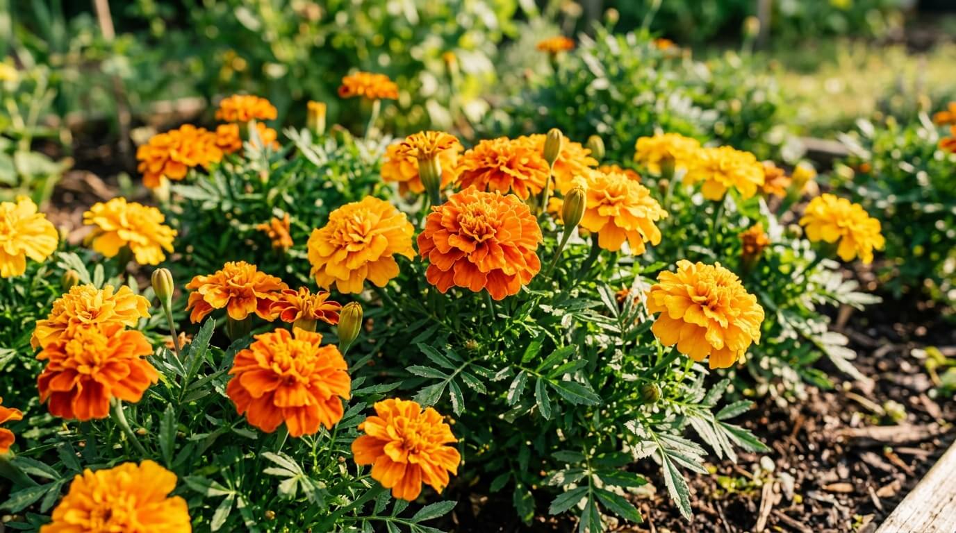 Orange and yellow marigold flowers blooming in a garden bed with green foliage and soil.