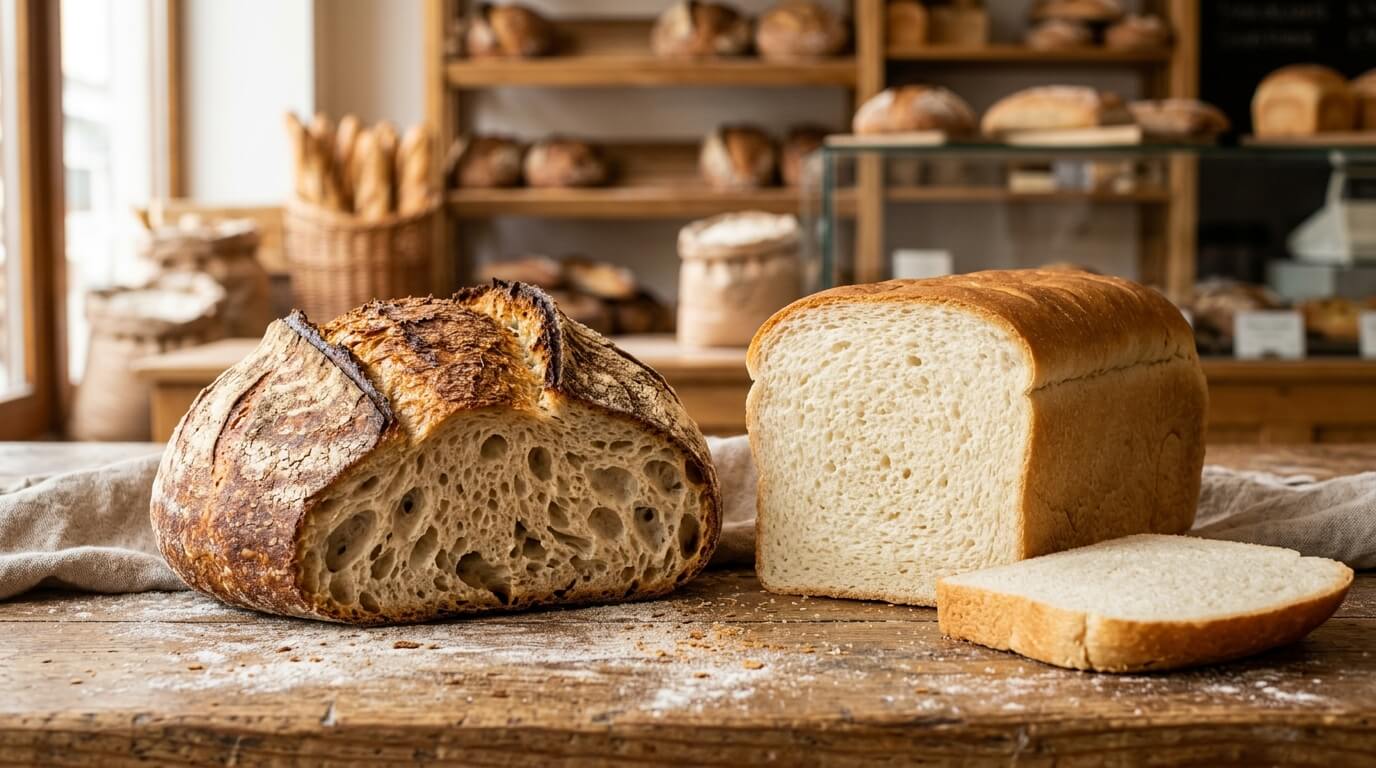 Sourdough loaf and sliced white sandwich bread on a wooden table in a bakery setting
