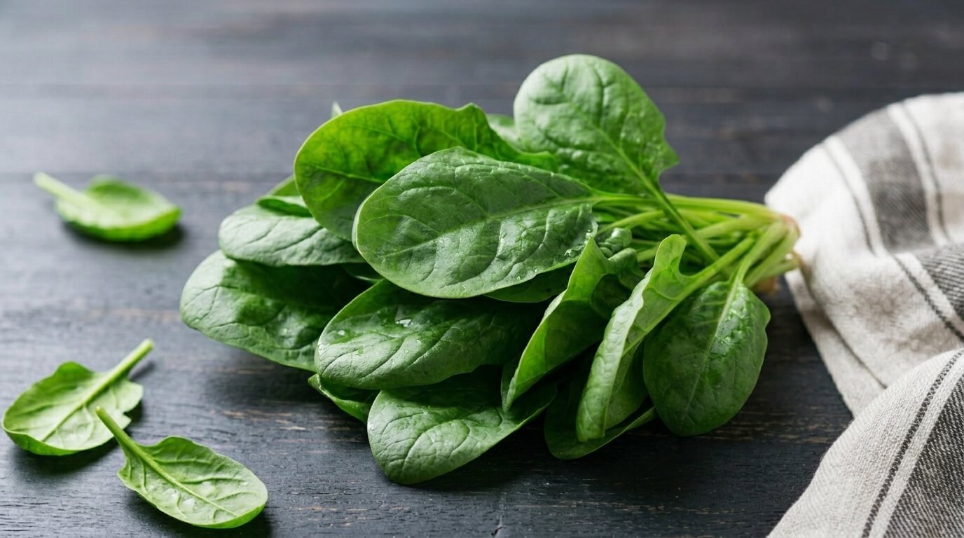 Fresh green spinach leaves on a dark wooden surface next to a striped cloth napkin
