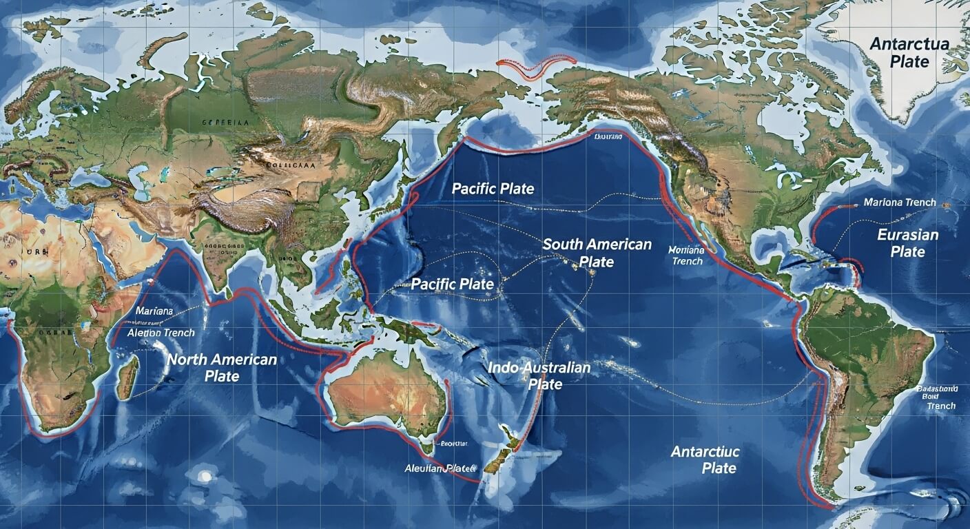 World map showing tectonic plates and major ocean trenches with labeled boundaries in red.