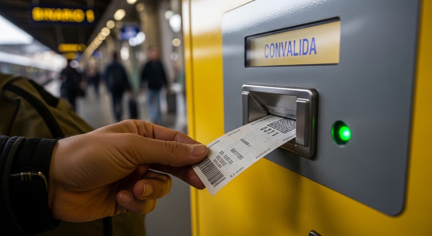 Hand inserting a train ticket into a yellow validation machine labeled "CONVALIDA" at a station platform.