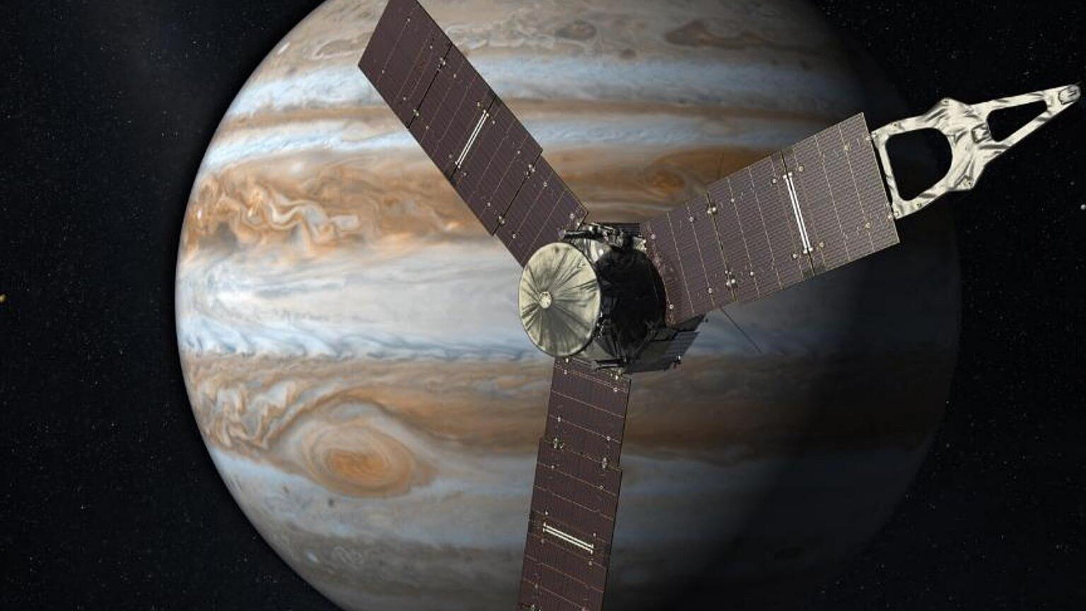 NASA's Juno spacecraft orbiting Jupiter with visible Great Red Spot and cloud bands