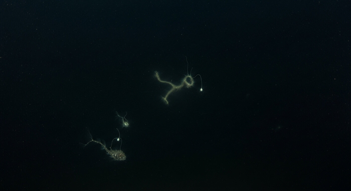 Deep-sea bioluminescent siphonophores floating in dark ocean water.