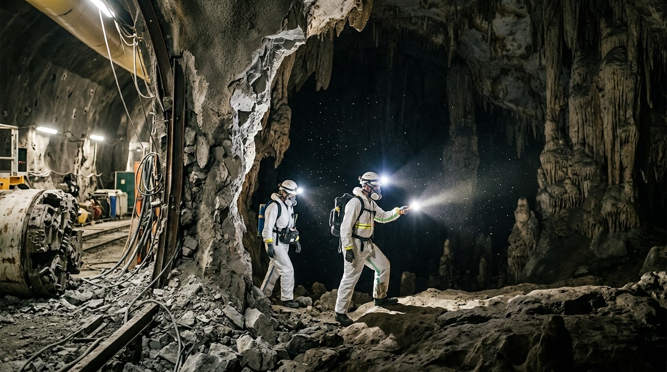 Two miners in protective suits and helmets with headlamps exploring a rocky underground cave or mine.