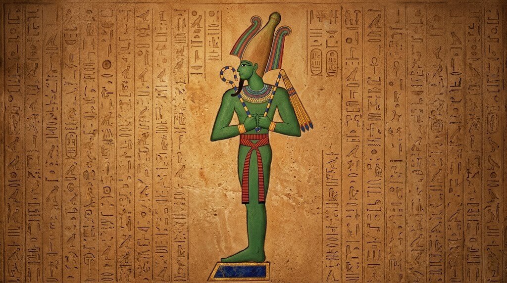 Ancient Egyptian wall painting of the god Osiris with green skin, crook and flail, surrounded by hieroglyphs.