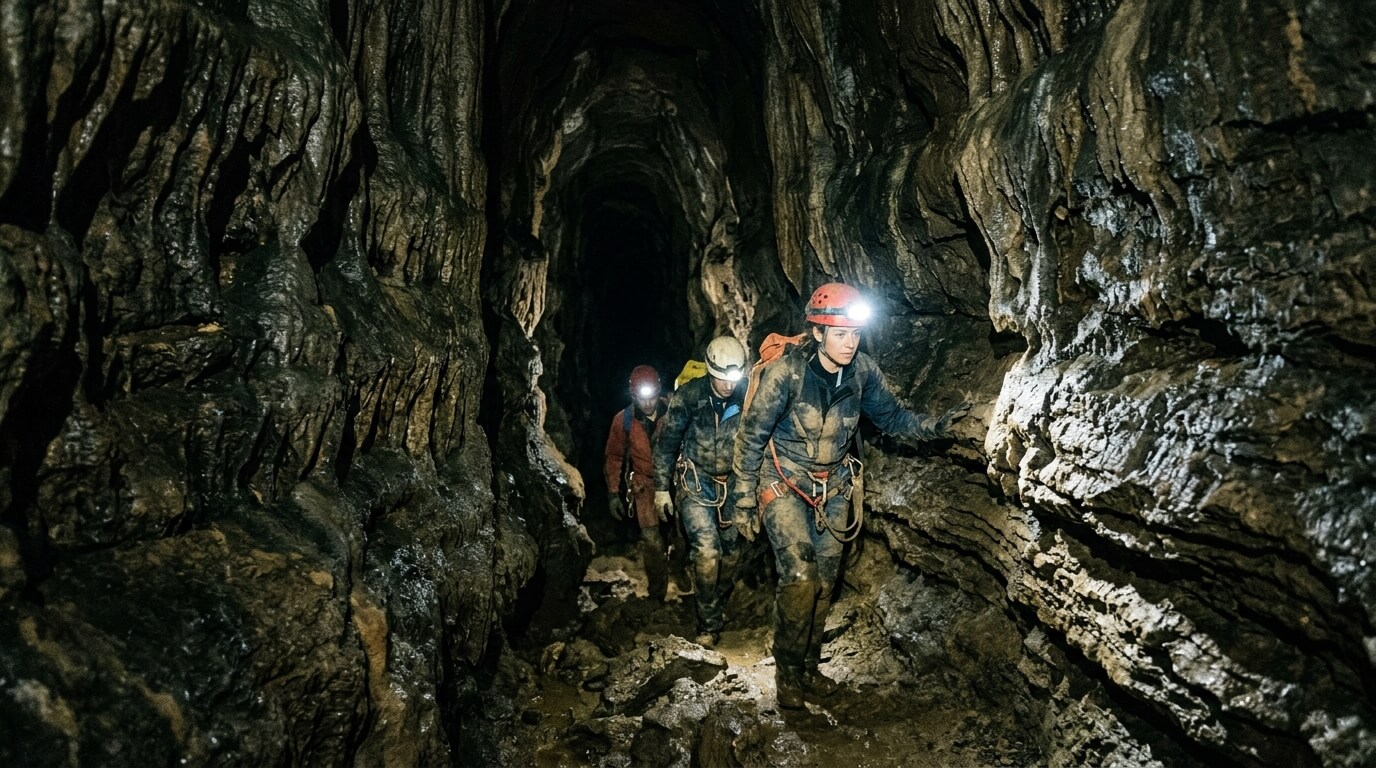 Three cavers wearing helmets and headlamps exploring a narrow rocky cave tunnel.
