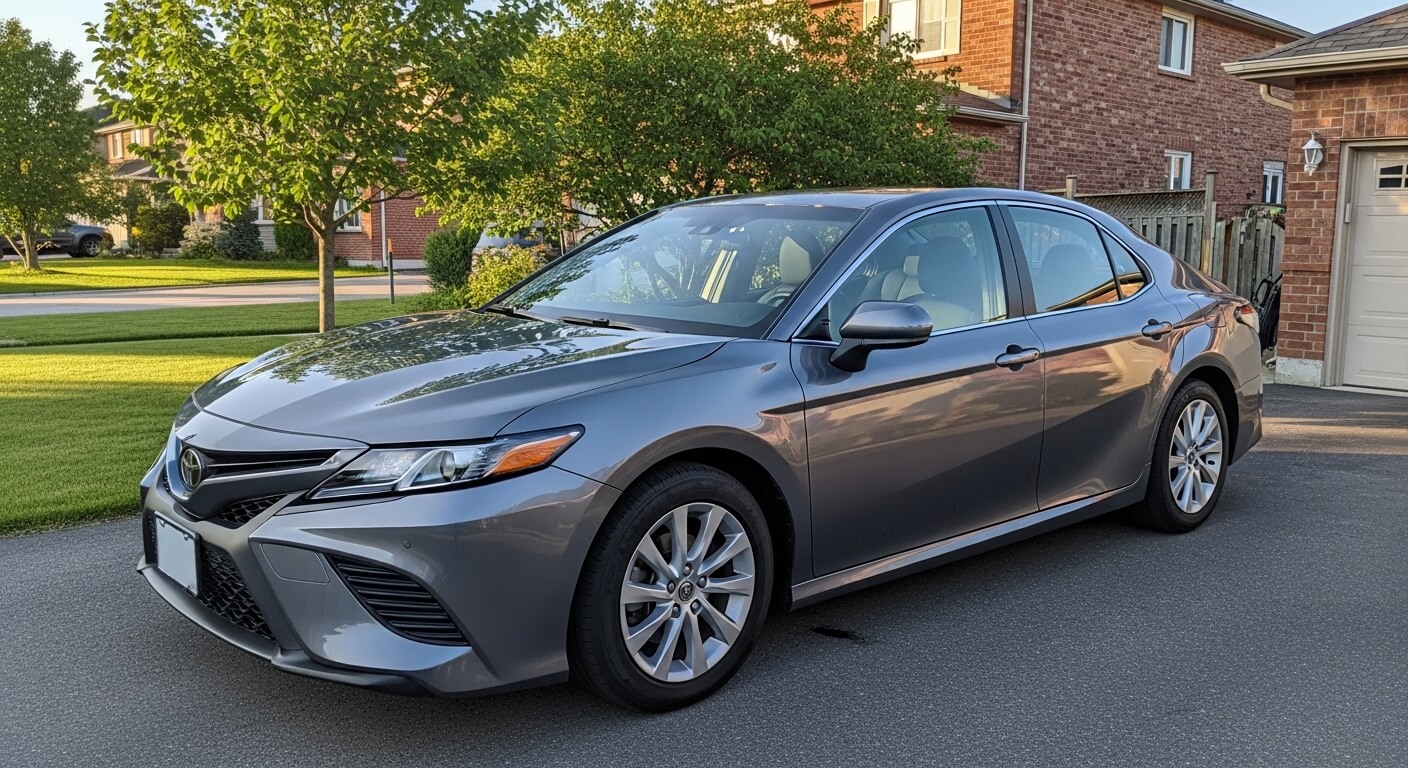 Gray Toyota Camry sedan parked on a residential driveway with green trees and brick houses in the background.