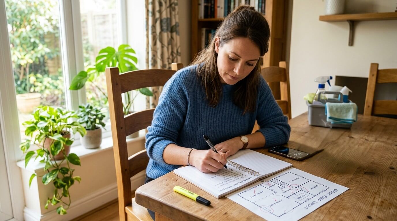 Woman in blue sweater writing notes at a wooden table with a floor layout and cleaning supplies nearby