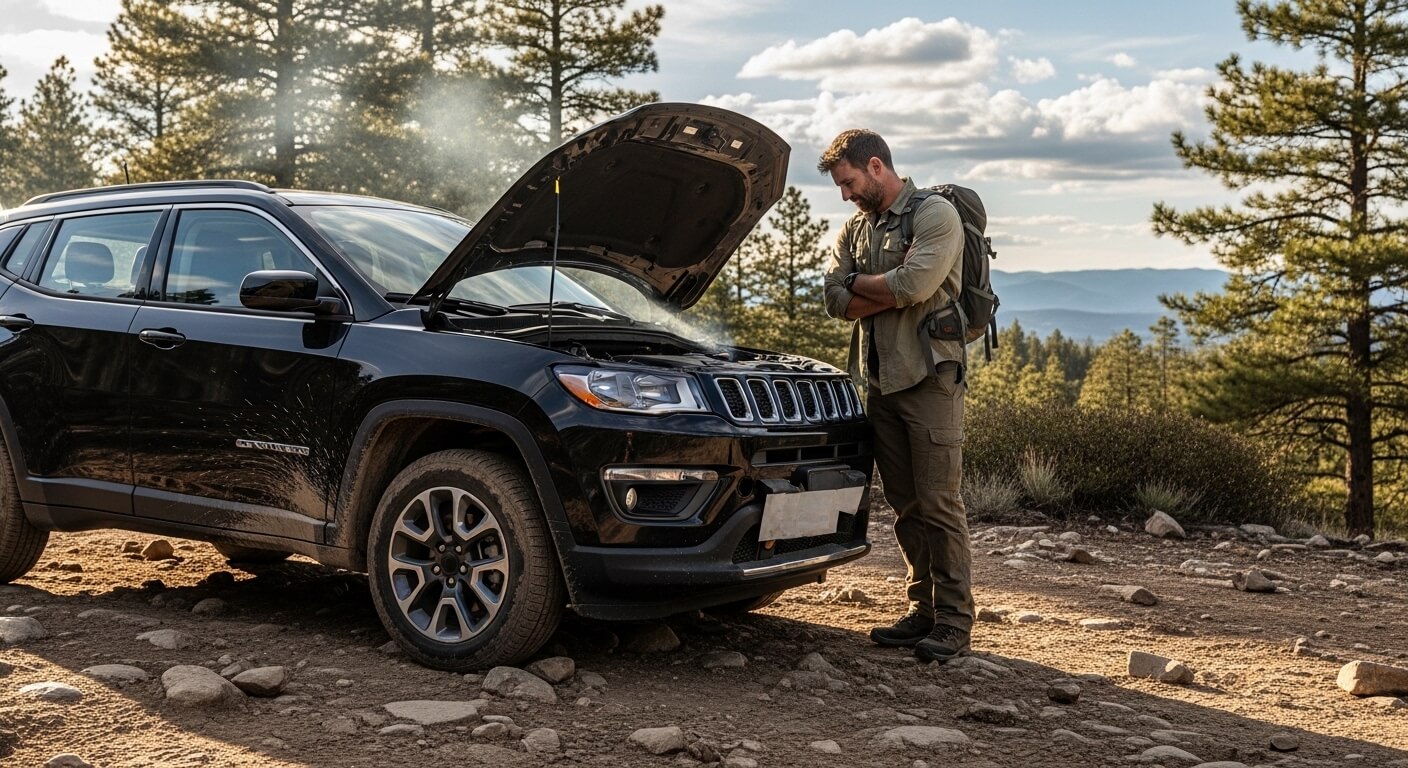 Man with backpack inspecting smoking engine of black Jeep Compass on rocky dirt road in forested area