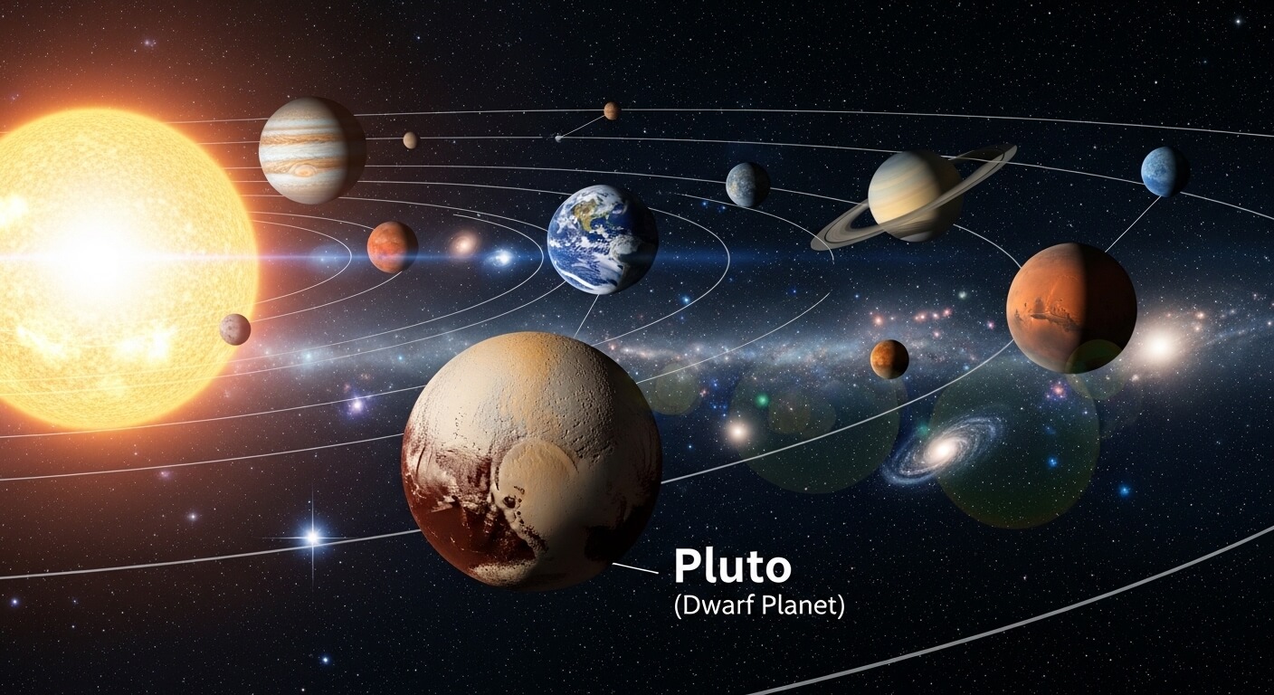 Solar system with planets orbiting the sun, highlighting Pluto as a dwarf planet.