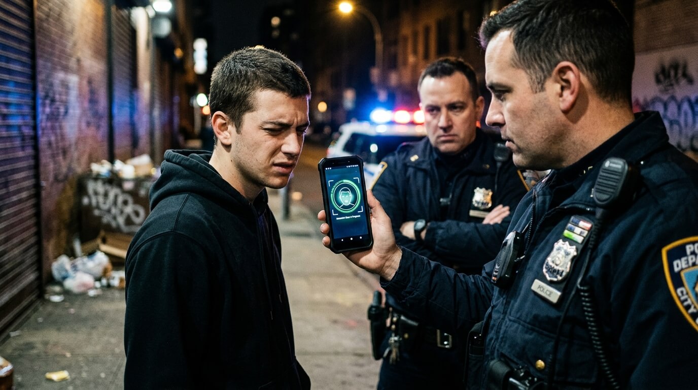 Police officer using facial recognition on a smartphone to scan a young man on a city street at night