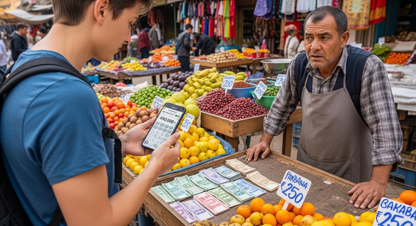 Young man using a calculator app to count money at a fruit vendor's market stall with Indian rupee notes displayed.