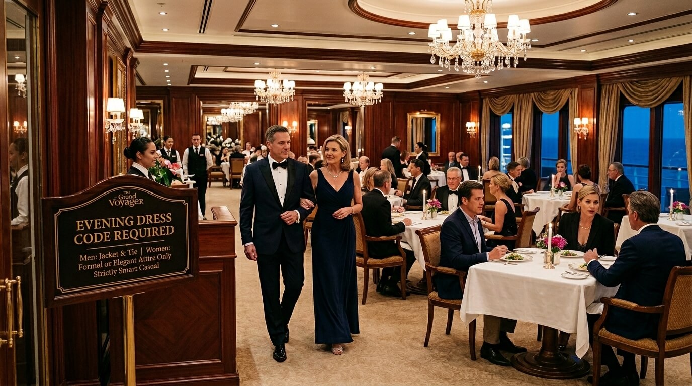 Couple in formal attire walking into The Grand Voyager dining room with guests dining under chandeliers.