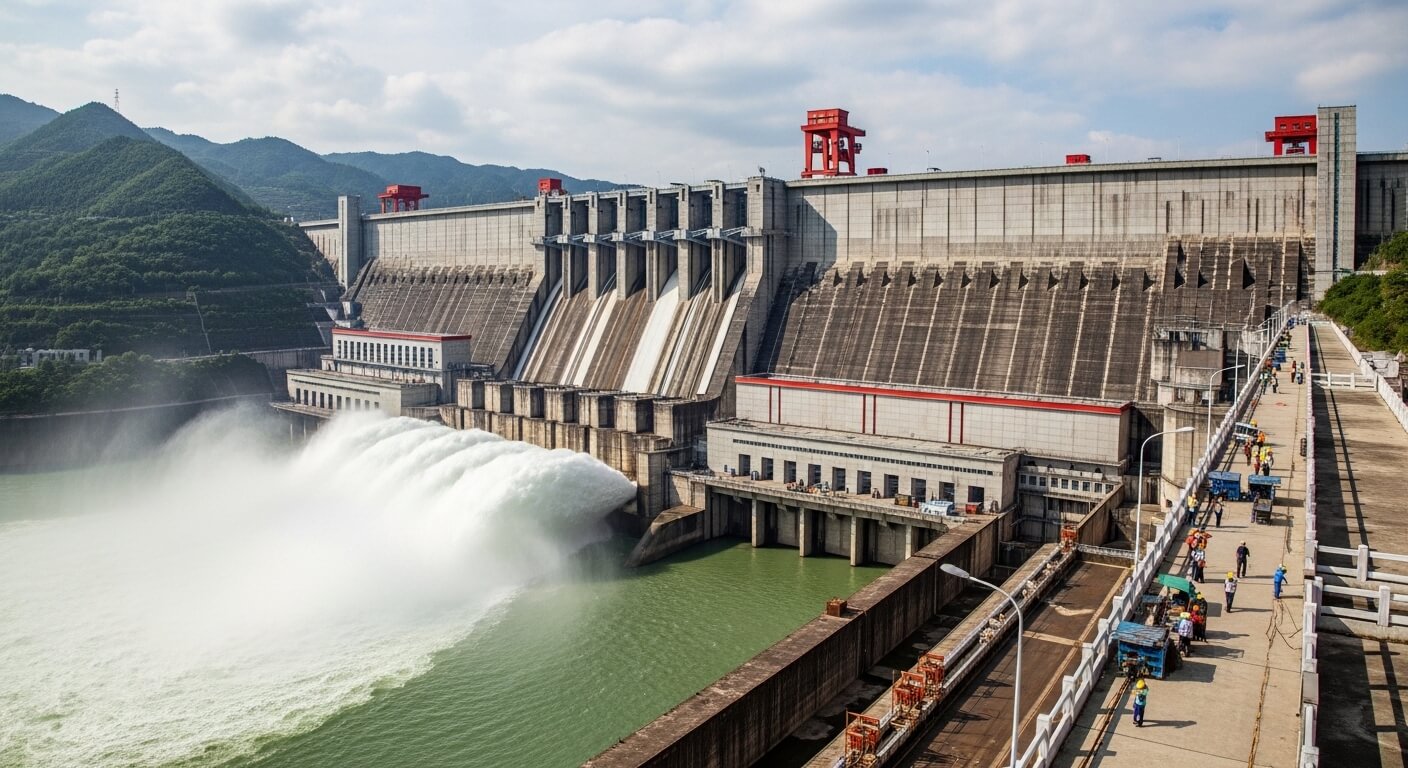 Three Gorges Dam releasing water with people walking on the adjacent walkway in a mountainous area