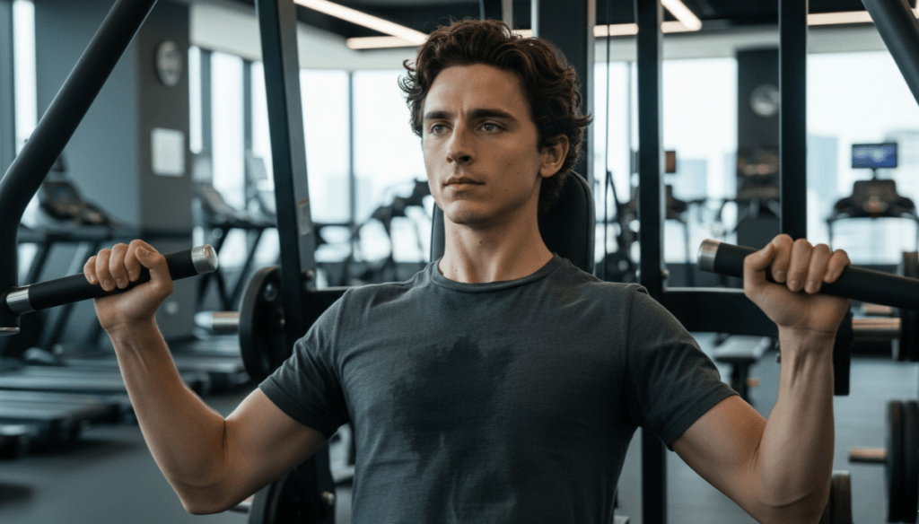 Young man in a gray shirt using a chest press machine in a modern gym with treadmills in the background
