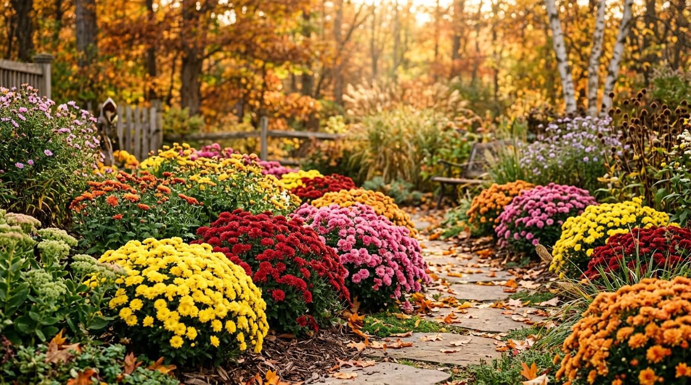 Stone pathway through a garden with colorful chrysanthemums and autumn foliage in soft sunlight.