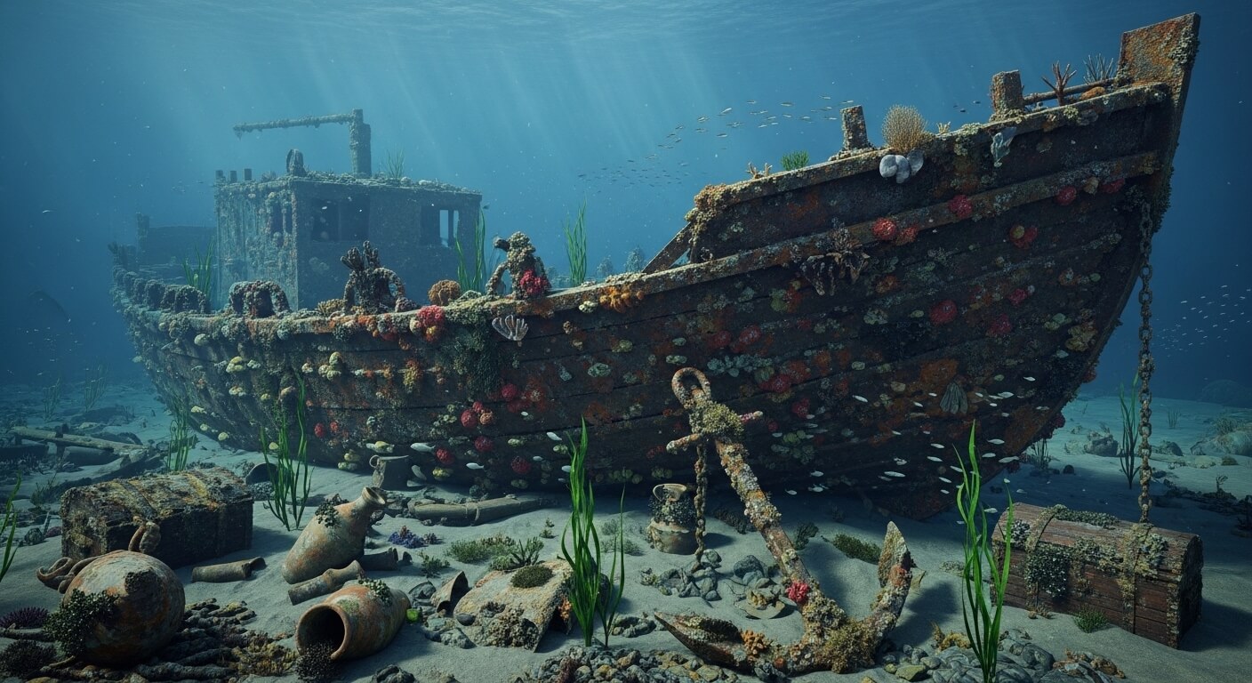 Underwater shipwreck covered in coral with an anchor, pottery, and treasure chests on the ocean floor.