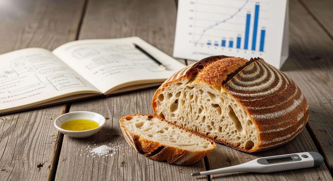 Sliced artisan bread on wooden table with salt, olive oil, digital thermometer, open notebook, and chart in background.