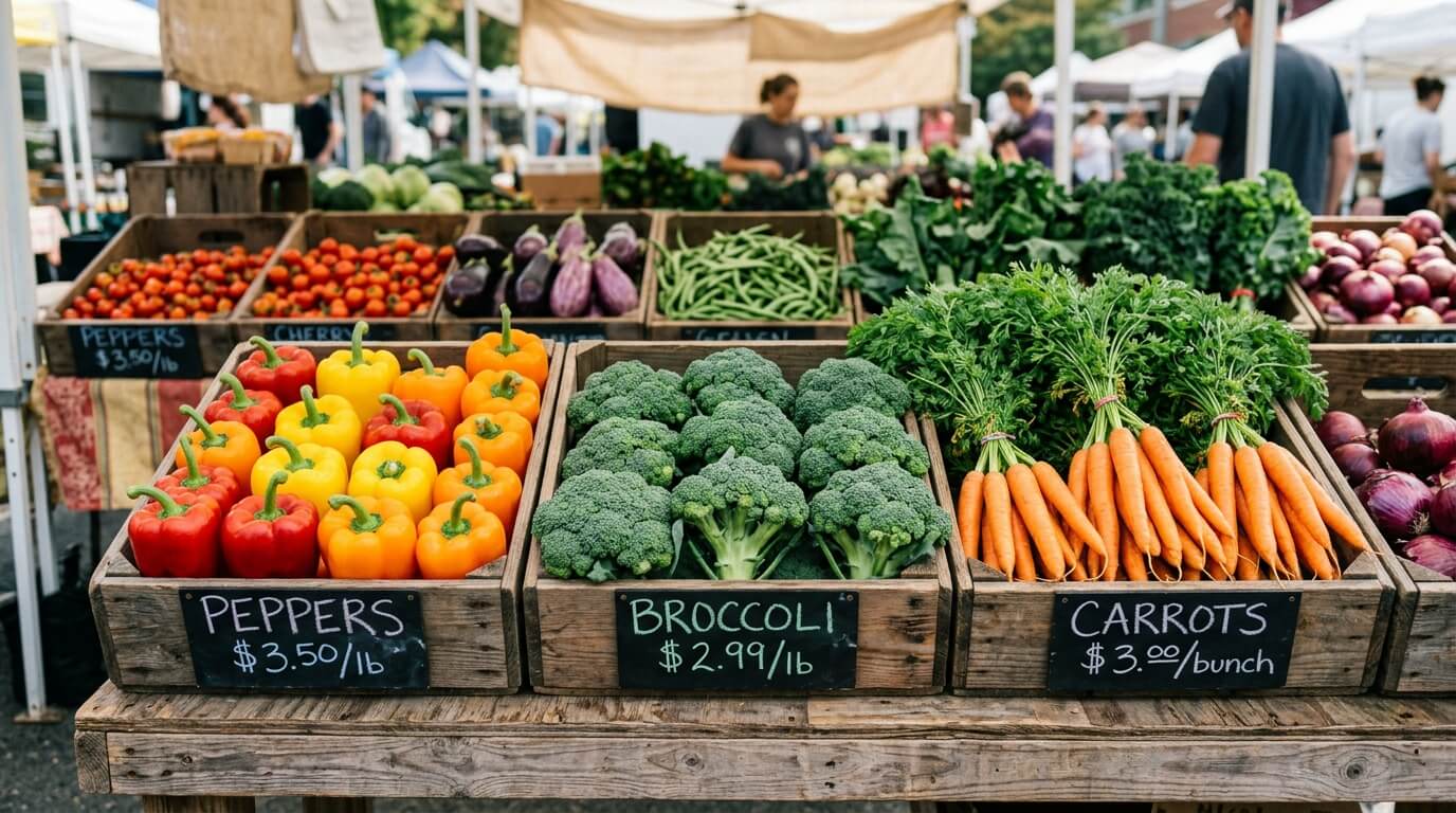 Colorful bell peppers, broccoli, and bunches of carrots displayed with price signs at a farmers market stall.