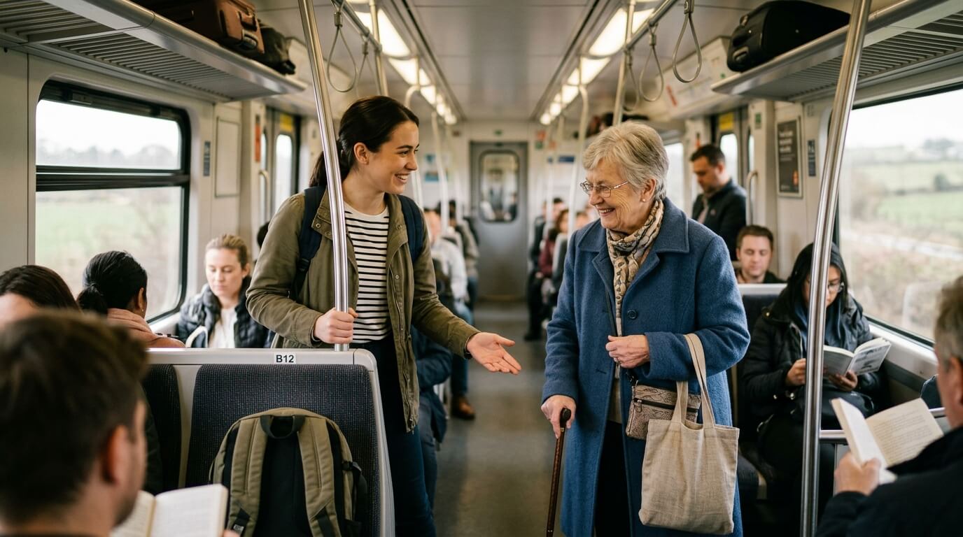 Young woman offering her seat to elderly woman with cane on a crowded train carriage.