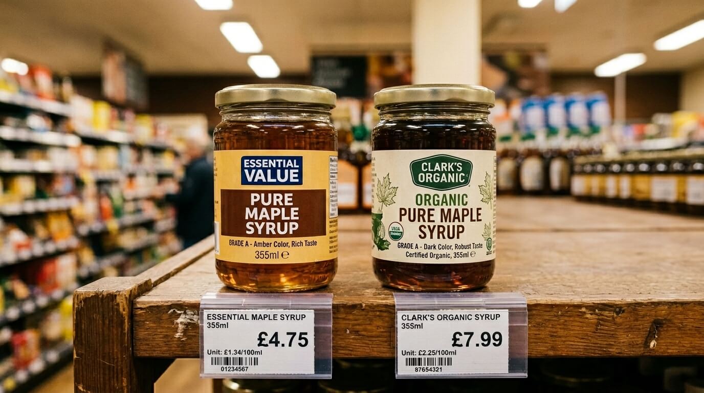 Essential Value Pure Maple Syrup and Clark's Organic Pure Maple Syrup jars on a wooden shelf with price tags in a grocery store.