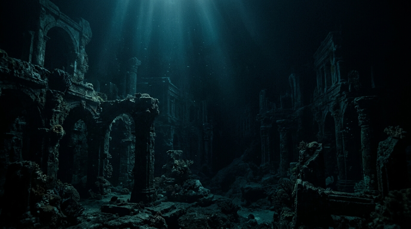 Underwater ancient ruins with stone arches and columns illuminated by beams of light from above.