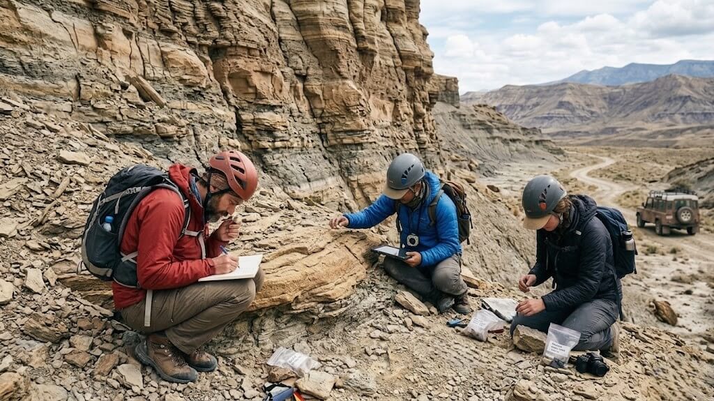 Three geologists examining rock samples and taking notes in a desert canyon with a 4x4 vehicle nearby