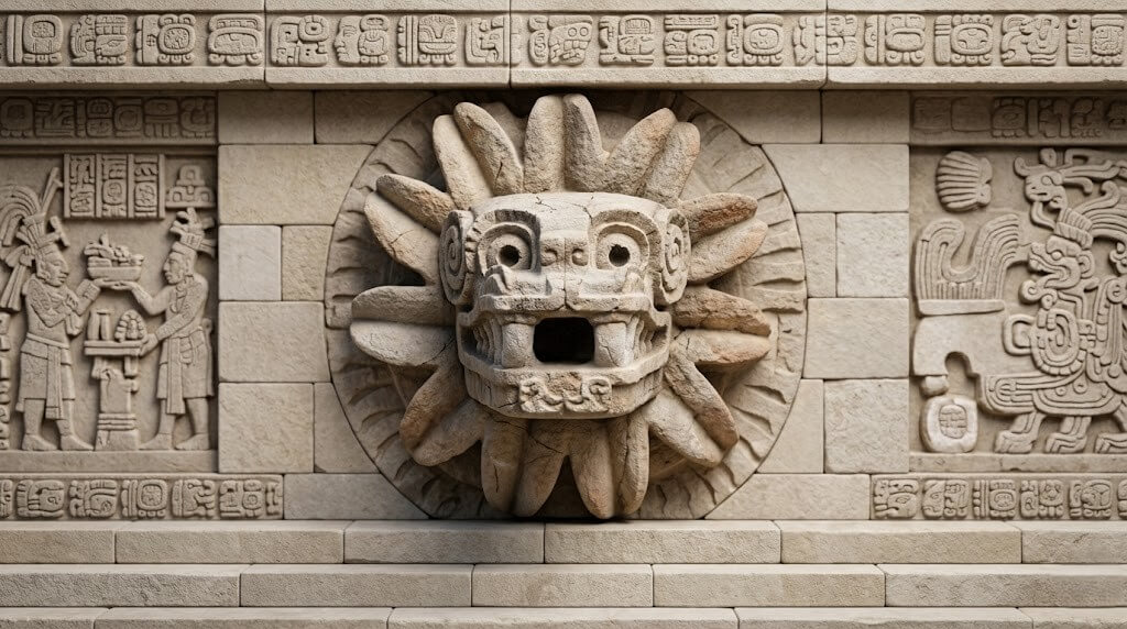 Stone carving of the Aztec sun god Tonatiuh with surrounding Mayan glyphs and figures on a temple wall.