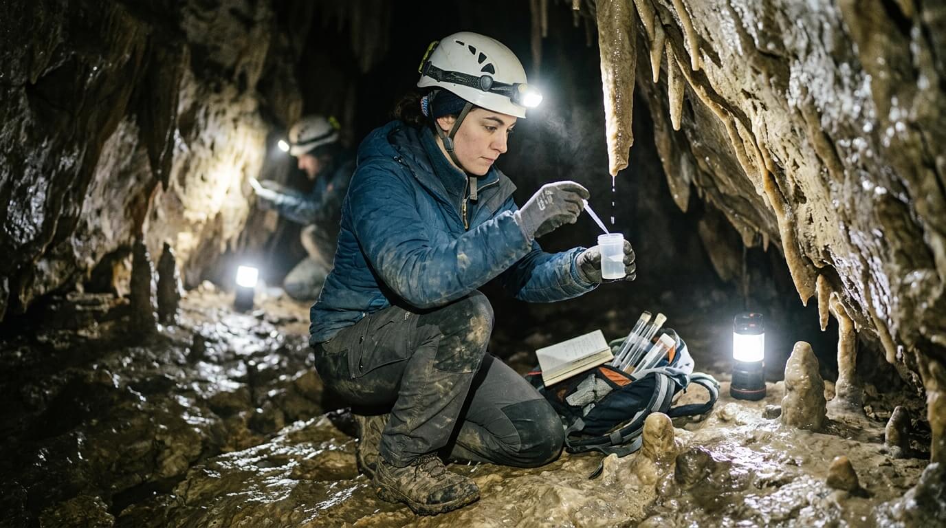 Two scientists wearing helmets and headlamps collecting water samples inside a cave with stalactites and stalagmites.