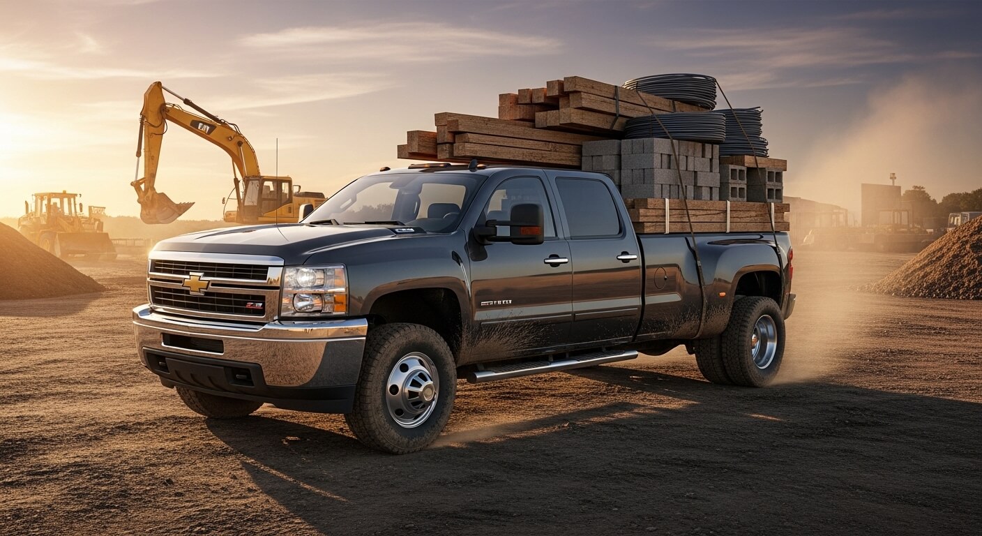Black Chevrolet Silverado pickup truck loaded with lumber and construction materials at a dusty construction site