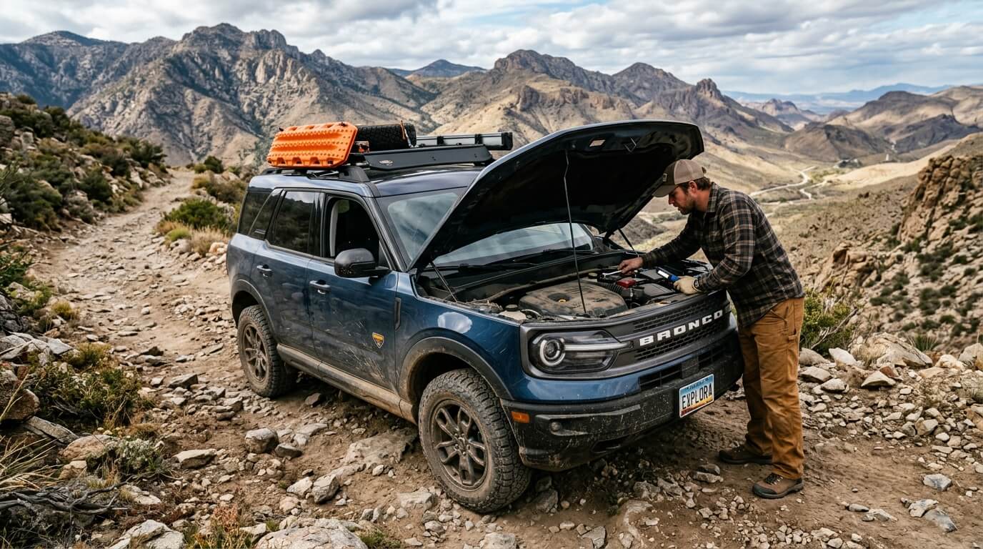 Man inspecting engine of blue Ford Bronco with roof gear on rocky mountain trail