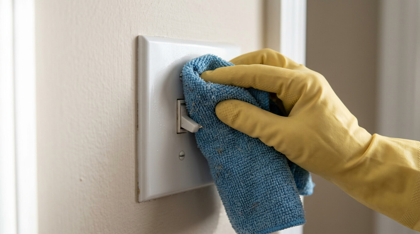 Hand in yellow glove cleaning a white light switch with a blue microfiber cloth