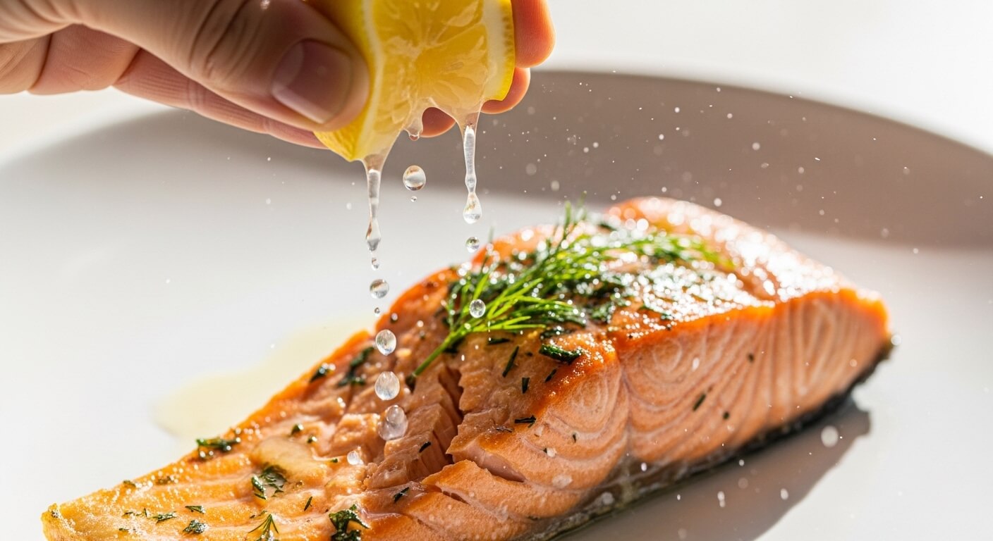 Hand squeezing lemon juice over cooked salmon garnished with dill on a white plate.