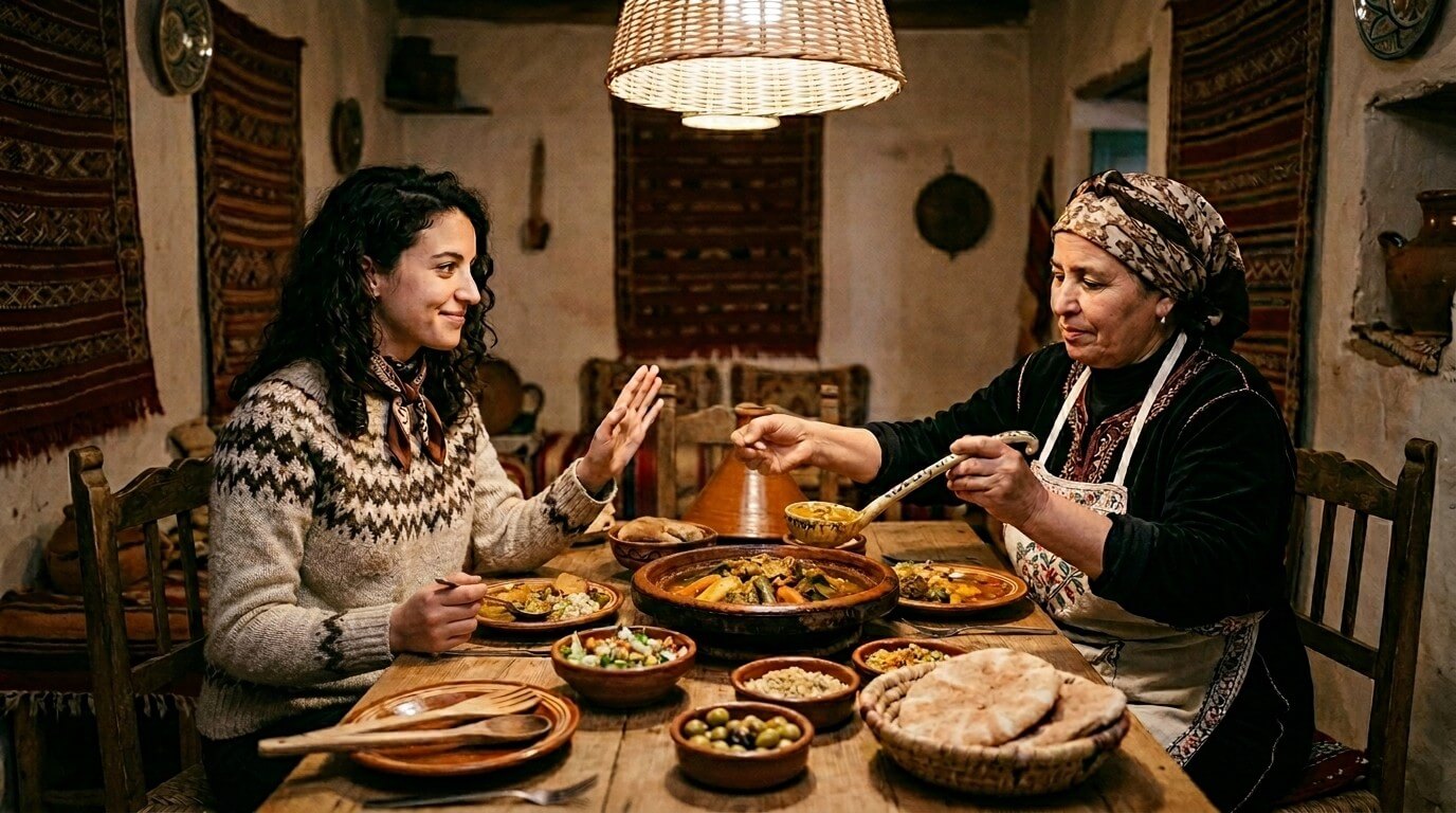 Older woman serving traditional Moroccan tagine to younger woman at rustic dining table with bread and olives