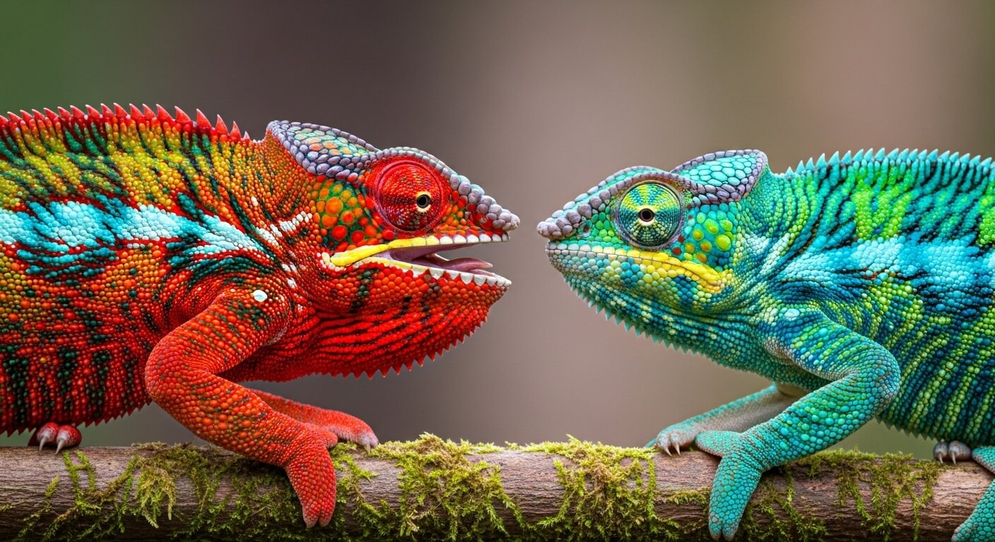 Two colorful chameleons, one red and one blue-green, facing each other on a mossy branch.