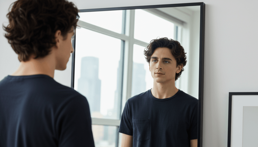 Young man with curly hair wearing a black t-shirt looking at his reflection in a wall mirror.
