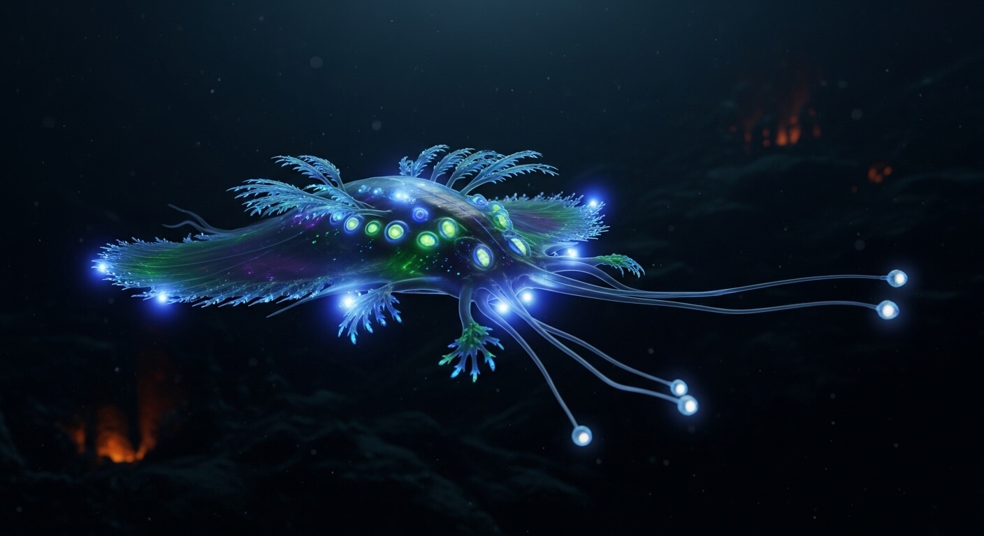 Bioluminescent deep-sea creature with glowing blue and green spots and long tentacles in dark ocean water.