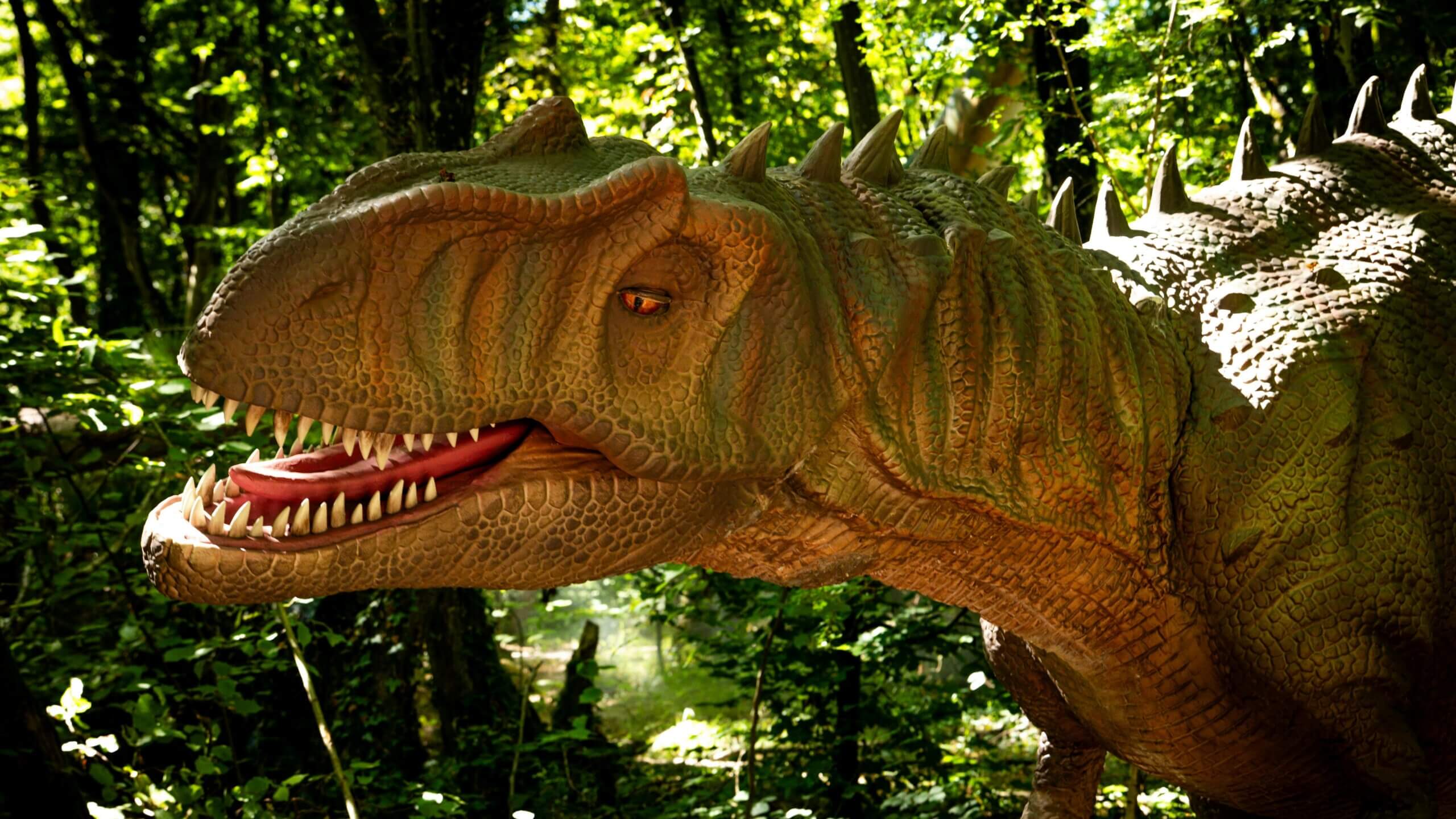 Close-up of a green and brown animatronic dinosaur with sharp teeth in a forest setting