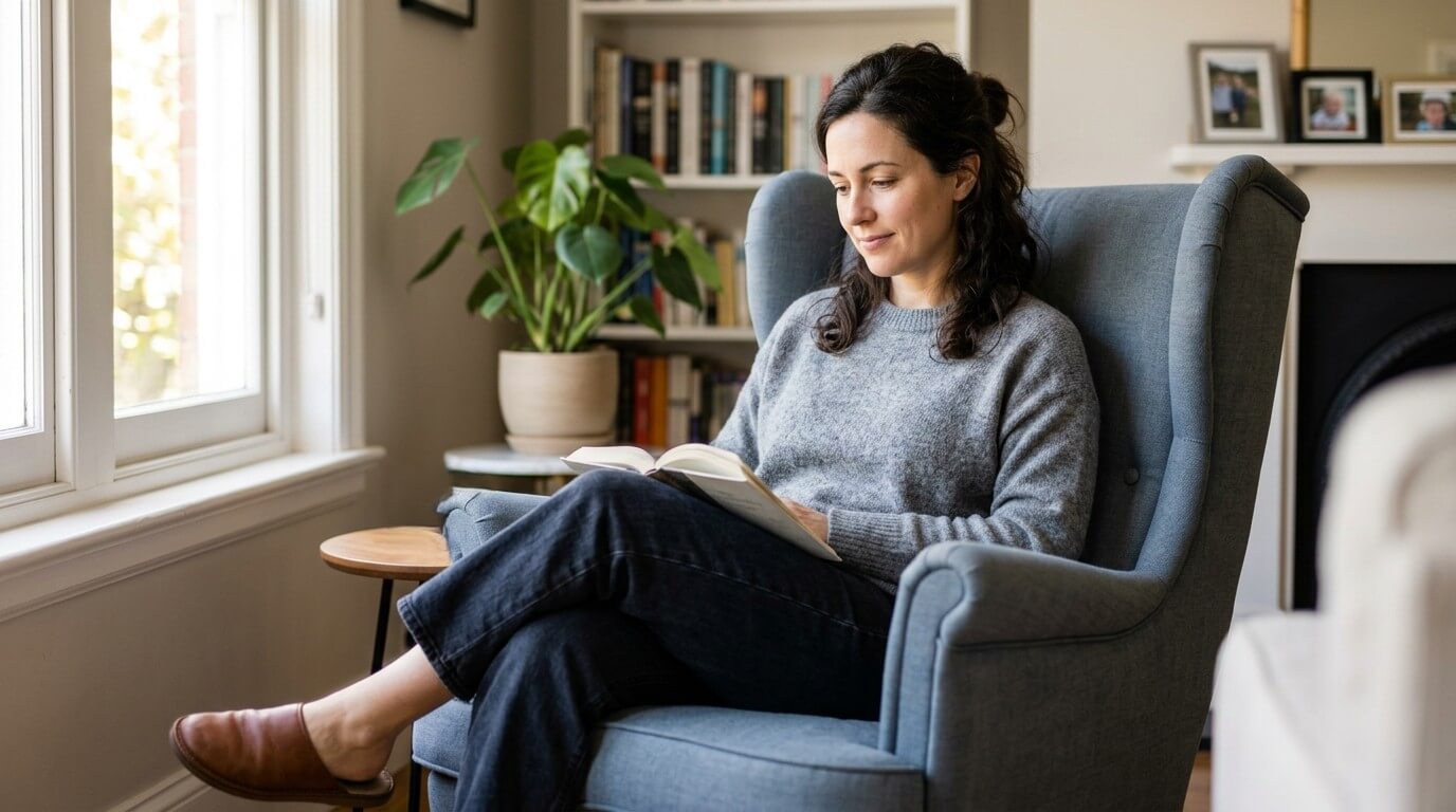 Woman in gray sweater and black pants sitting in blue armchair reading a book by a window in a cozy room