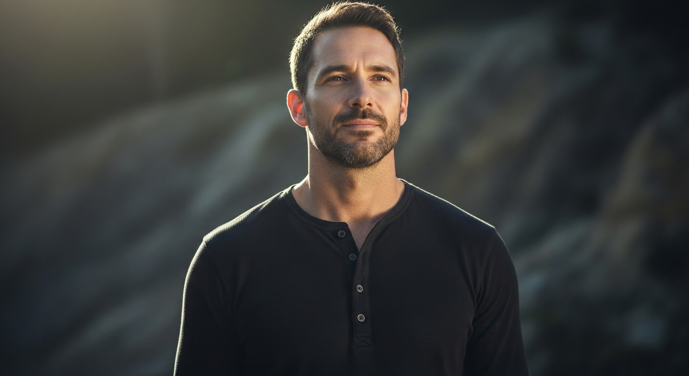 Man with short dark hair and beard wearing a black henley shirt looking thoughtfully into the distance outdoors