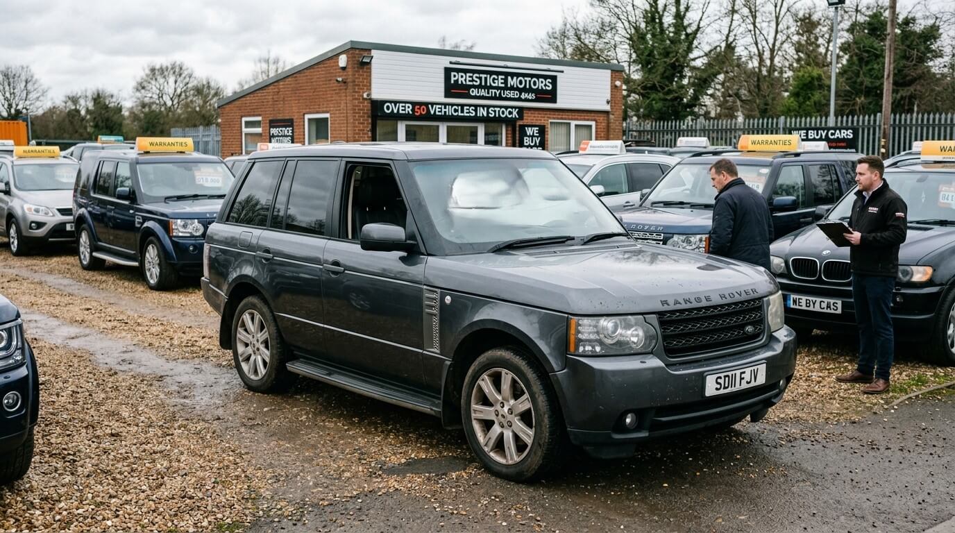 Gray Range Rover parked at Prestige Motors used car lot with two men inspecting vehicles nearby