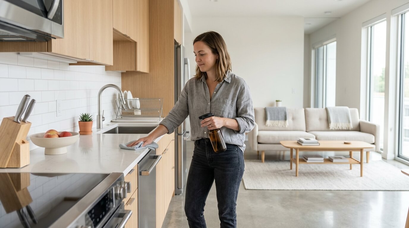 Woman cleaning kitchen countertop with spray bottle and cloth in modern open living space