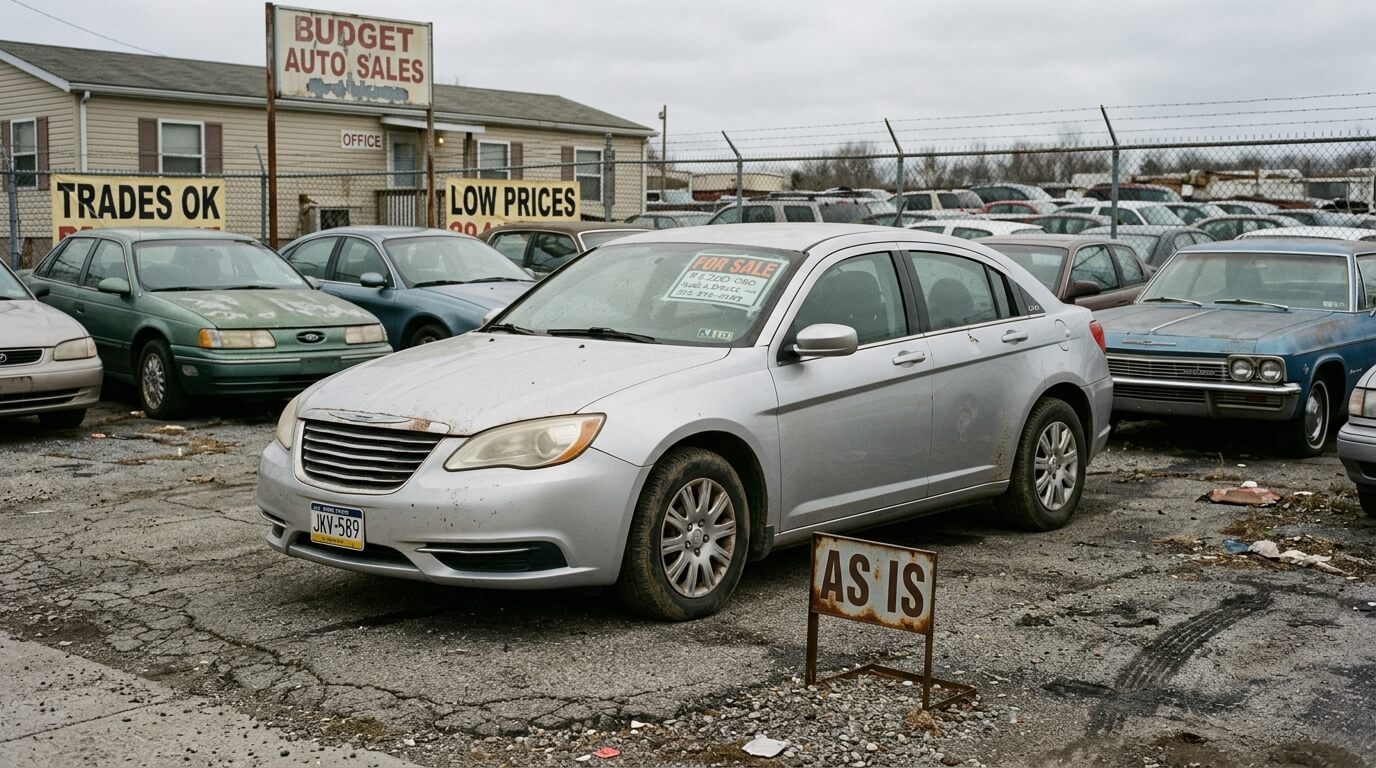 Silver Chrysler sedan with "For Sale" sign parked at Budget Auto Sales lot with "As Is" sign in front