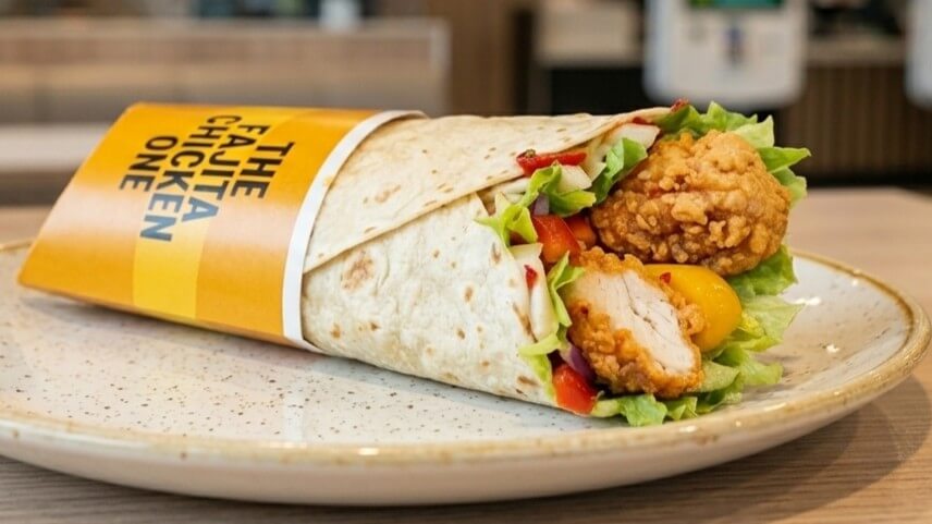 Fajita chicken wrap with fried chicken, lettuce, and bell peppers on a plate with yellow packaging labeled "The Fajita Chicken One"