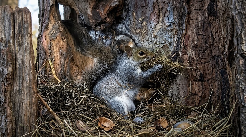 Gray squirrel gathering nesting material inside a tree hollow filled with dry grass and leaves