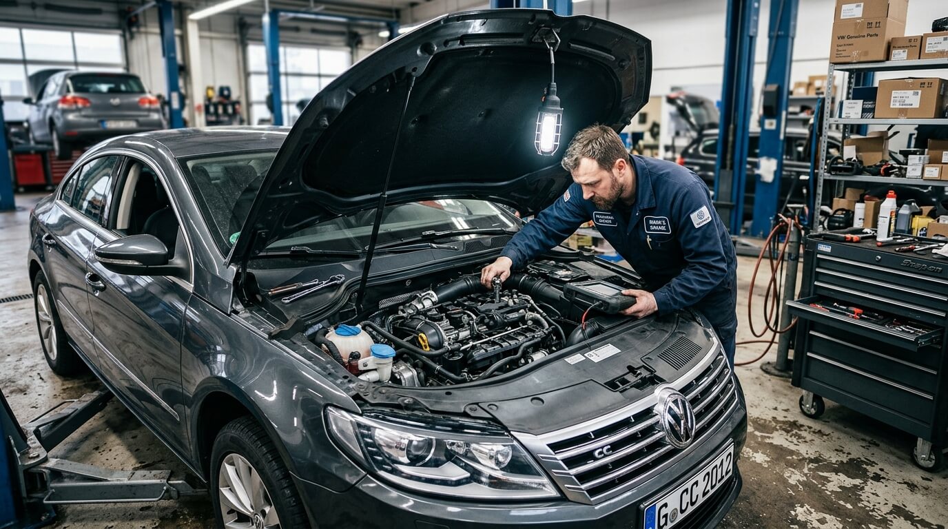 Mechanic inspecting engine of a gray Volkswagen CC with hood open in an auto repair shop.